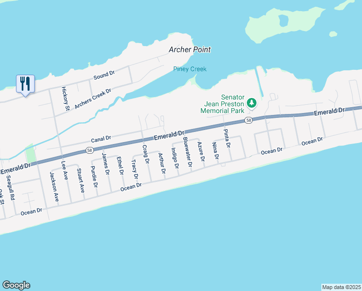map of restaurants, bars, coffee shops, grocery stores, and more near 116 Indigo Drive in Emerald Isle