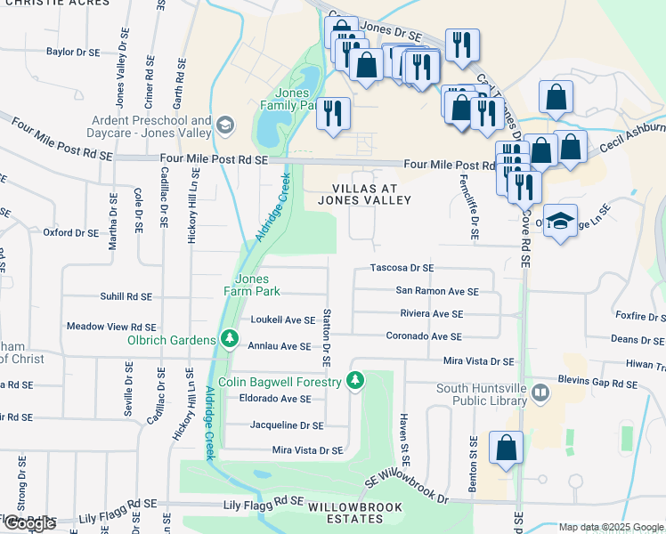 map of restaurants, bars, coffee shops, grocery stores, and more near 7223 Statton Drive Southeast in Huntsville