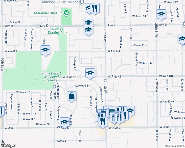 map of restaurants, bars, coffee shops, grocery stores, and more near 43208 Doverwood Court in Lancaster
