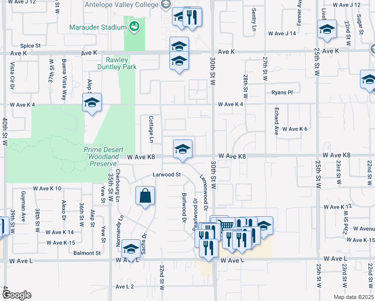map of restaurants, bars, coffee shops, grocery stores, and more near 43208 Doverwood Court in Lancaster