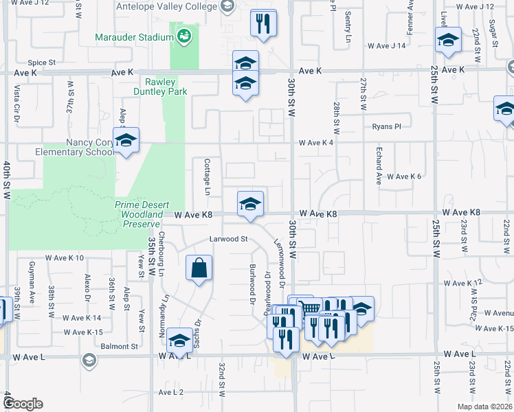 map of restaurants, bars, coffee shops, grocery stores, and more near 43208 Doverwood Court in Lancaster
