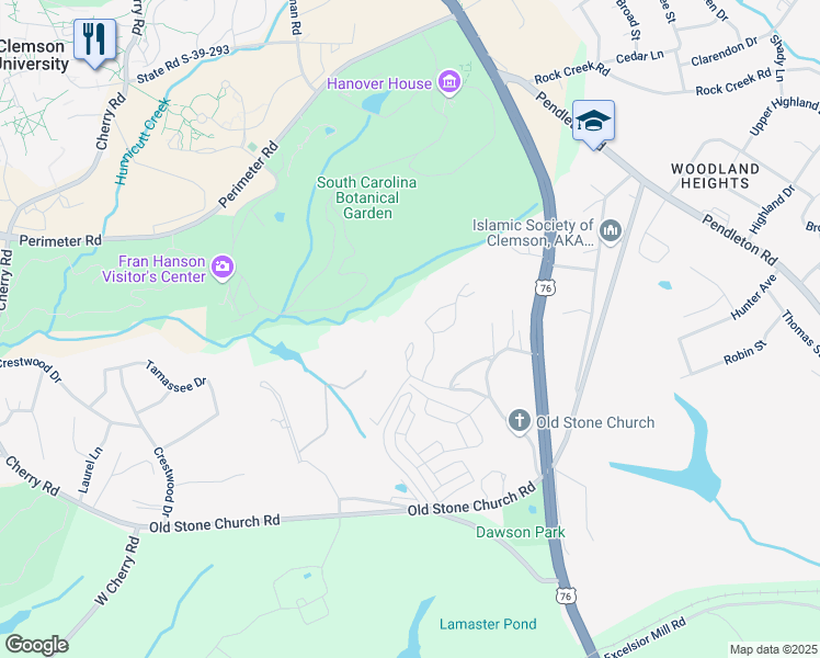 map of restaurants, bars, coffee shops, grocery stores, and more near 206 Ligon Street in Clemson