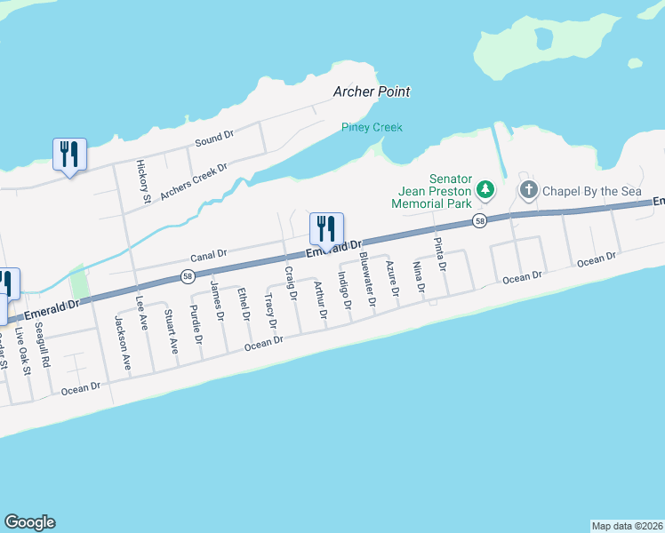 map of restaurants, bars, coffee shops, grocery stores, and more near 112 Indigo Drive in Emerald Isle