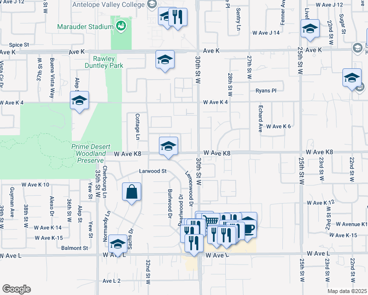 map of restaurants, bars, coffee shops, grocery stores, and more near 43210 Laurelwood Lane in Lancaster