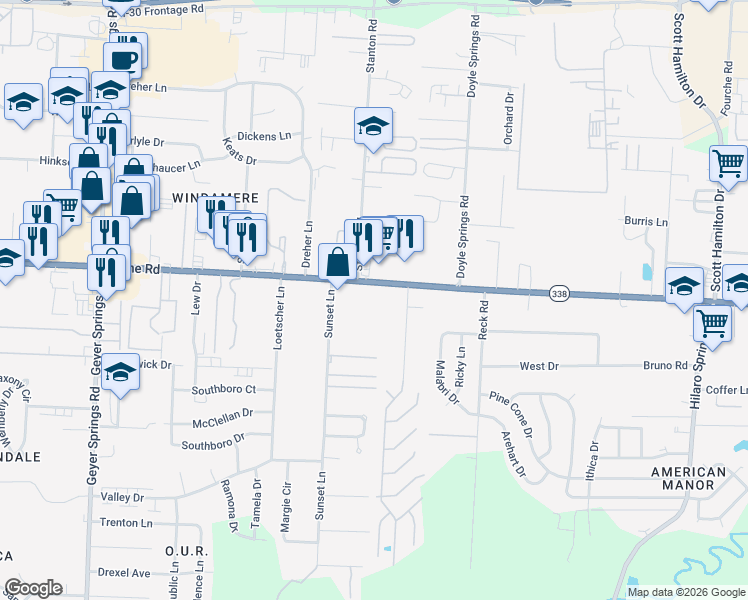 map of restaurants, bars, coffee shops, grocery stores, and more near 4821 Baseline Road in Little Rock