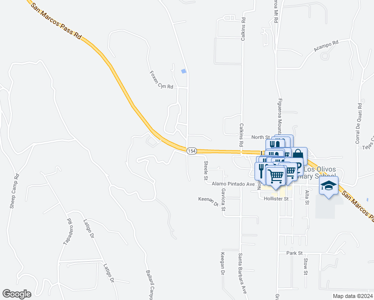 map of restaurants, bars, coffee shops, grocery stores, and more near 3000 Foxen Canyon Road in Solvang