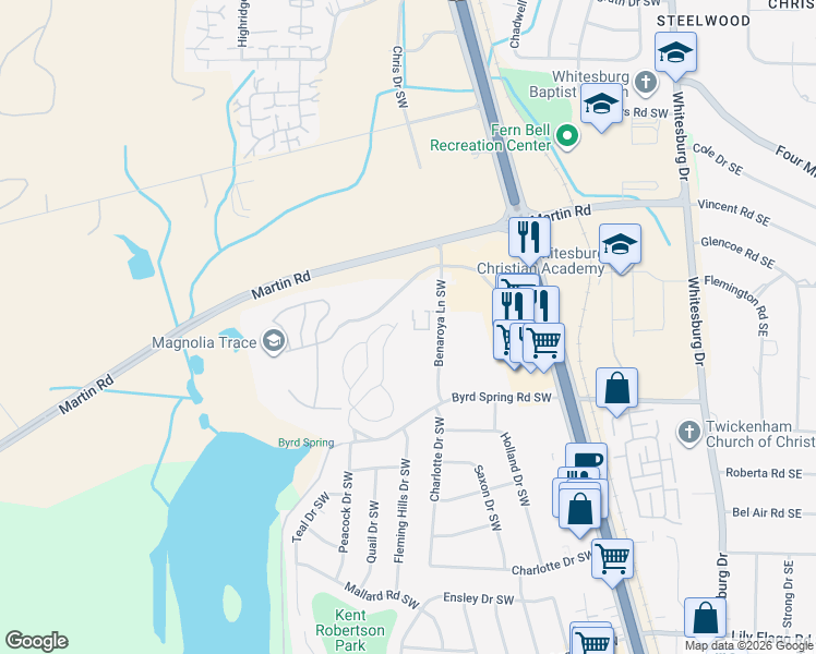 map of restaurants, bars, coffee shops, grocery stores, and more near 2007 Reaches Place Southwest in Huntsville