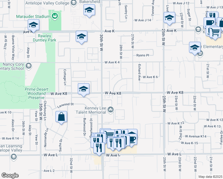 map of restaurants, bars, coffee shops, grocery stores, and more near 2857 College Park Drive West in Lancaster