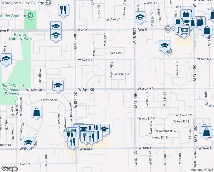 map of restaurants, bars, coffee shops, grocery stores, and more near 43210 27th Street West in Lancaster