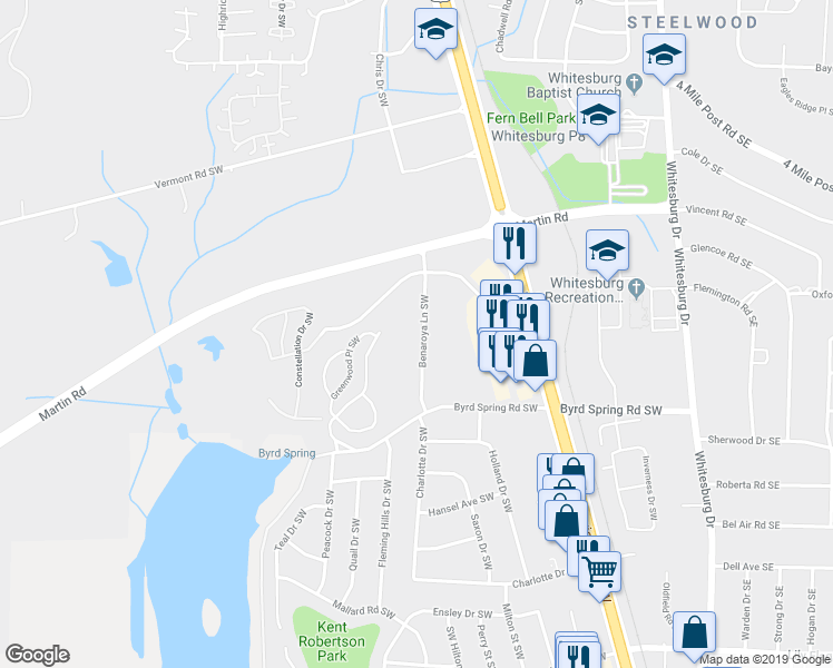 map of restaurants, bars, coffee shops, grocery stores, and more near 8003 Benaroya Lane Southwest in Huntsville