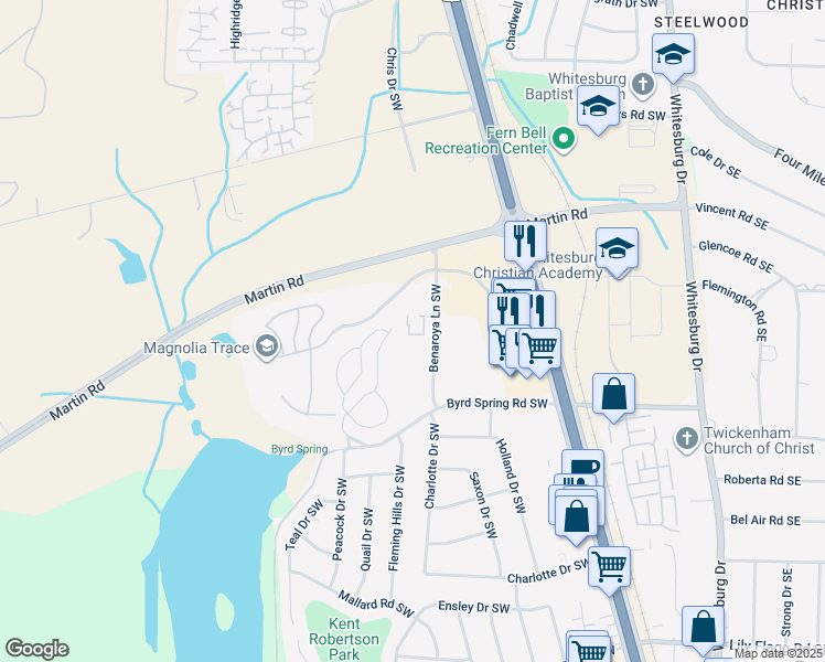 map of restaurants, bars, coffee shops, grocery stores, and more near 2007 Reaches Place Southwest in Huntsville