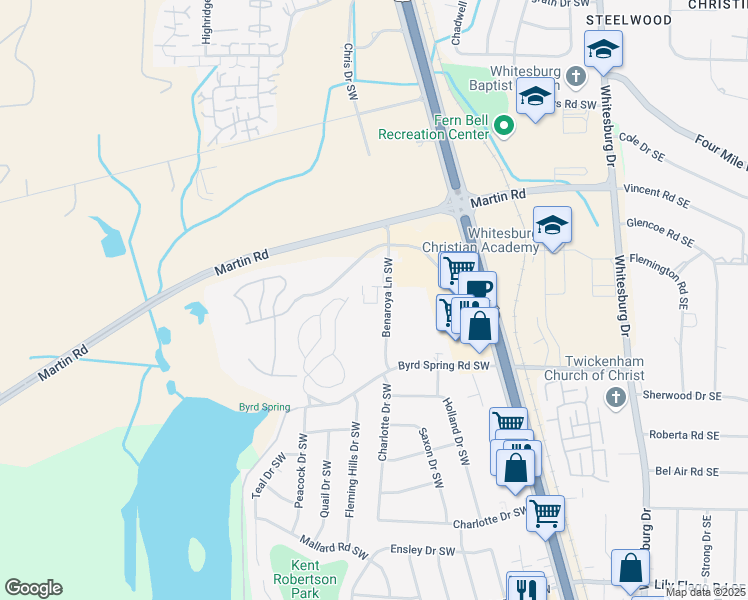 map of restaurants, bars, coffee shops, grocery stores, and more near 2007 Reaches Place Southwest in Huntsville