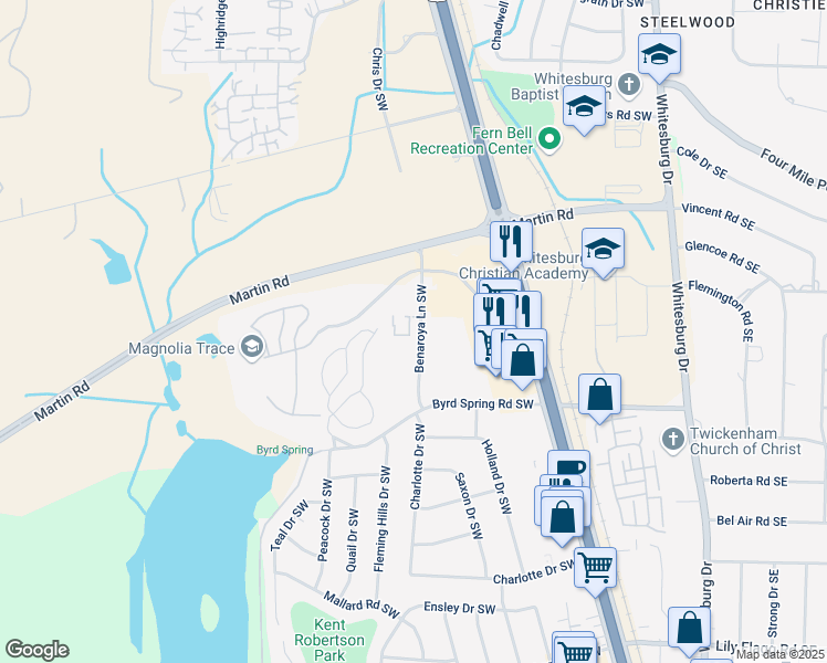 map of restaurants, bars, coffee shops, grocery stores, and more near 8003 Benaroya Lane Southwest in Huntsville
