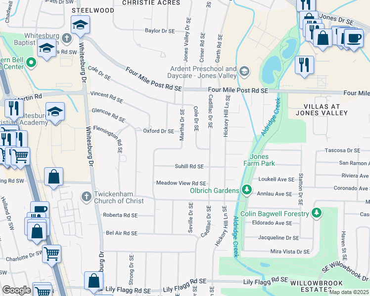 map of restaurants, bars, coffee shops, grocery stores, and more near 7601 Martha Drive Southeast in Huntsville