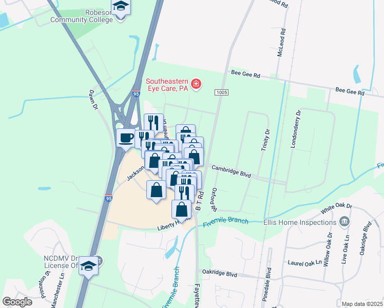 map of restaurants, bars, coffee shops, grocery stores, and more near 5075 Fayetteville Road in Lumberton