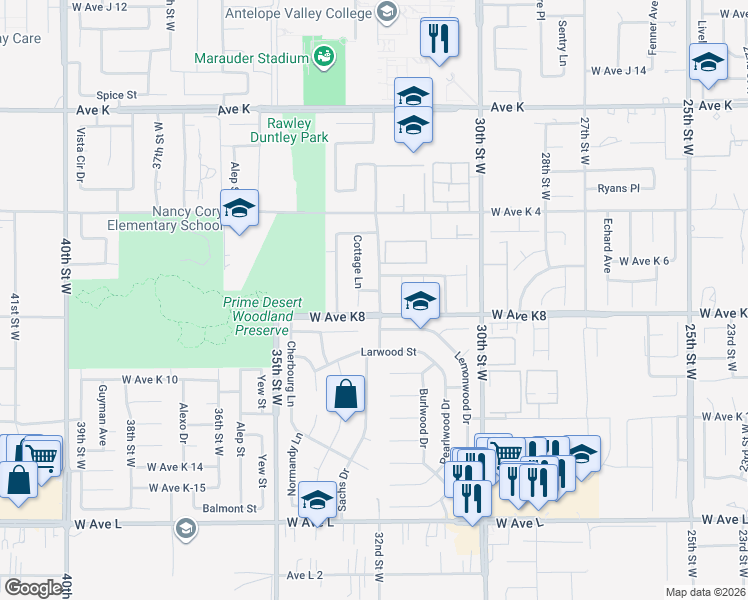 map of restaurants, bars, coffee shops, grocery stores, and more near 43217 32nd Street West in Lancaster