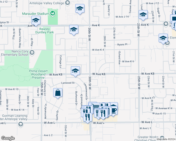 map of restaurants, bars, coffee shops, grocery stores, and more near 43214 Archwood Way in Lancaster