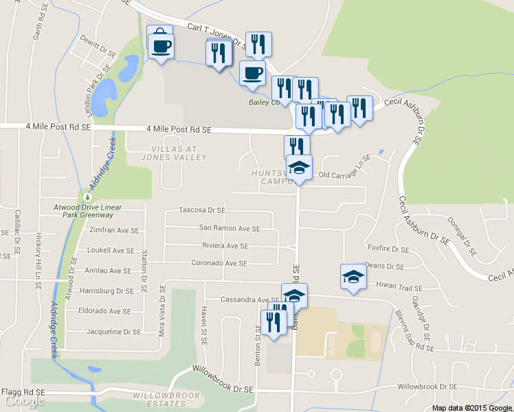 map of restaurants, bars, coffee shops, grocery stores, and more near 1007 Tascosa Drive Southeast in Huntsville