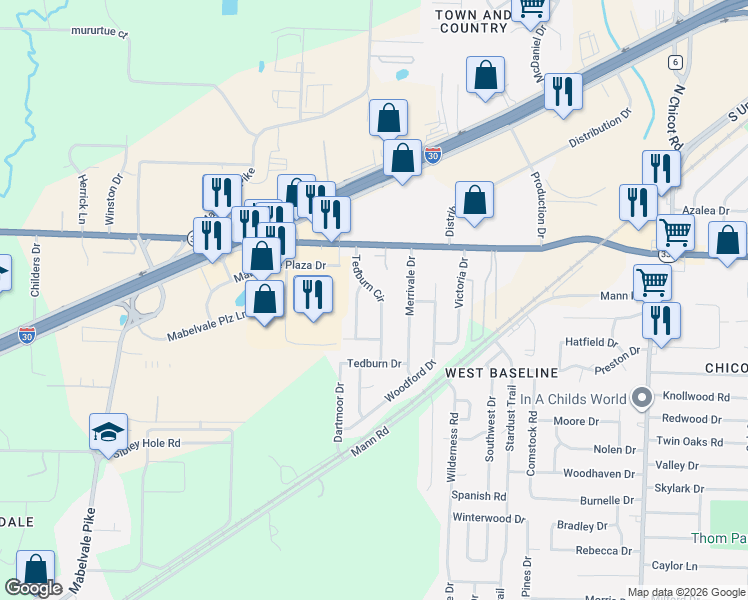 map of restaurants, bars, coffee shops, grocery stores, and more near 9014 Tedburn Circle in Little Rock