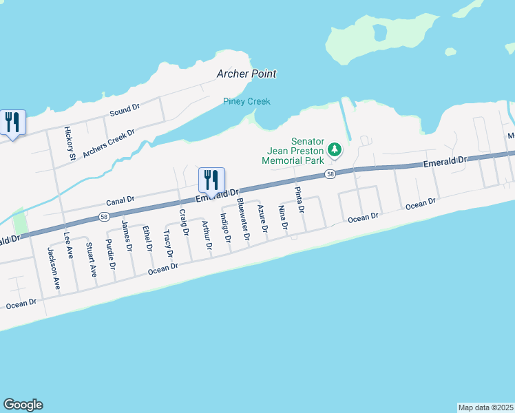 map of restaurants, bars, coffee shops, grocery stores, and more near 113 Azure Drive in Emerald Isle
