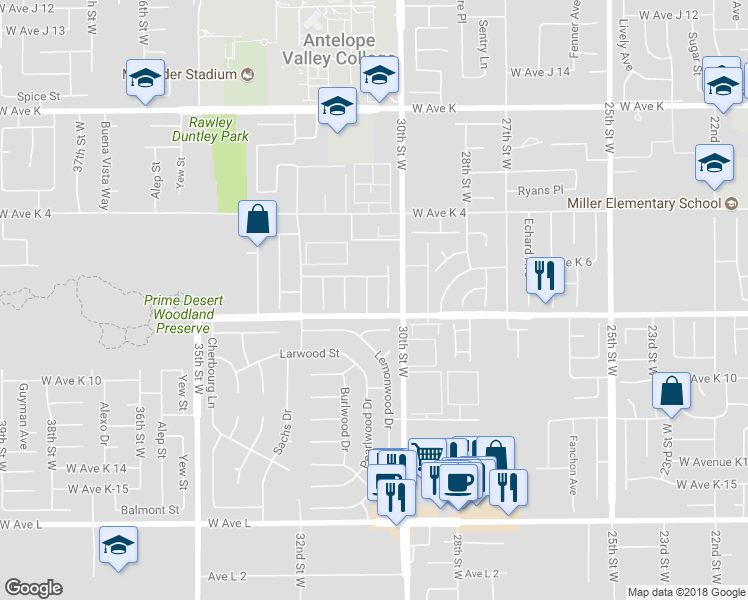 map of restaurants, bars, coffee shops, grocery stores, and more near 43216 Laurelwood Lane in Lancaster