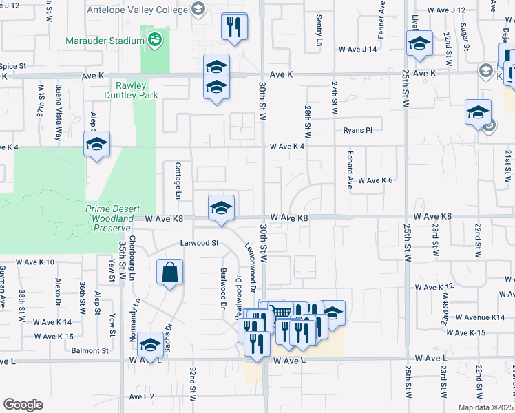 map of restaurants, bars, coffee shops, grocery stores, and more near 43214 Archwood Way in Lancaster