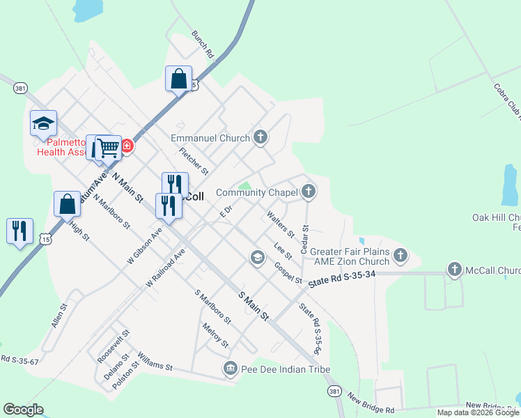 map of restaurants, bars, coffee shops, grocery stores, and more near 323 East McLaurin Avenue in McColl