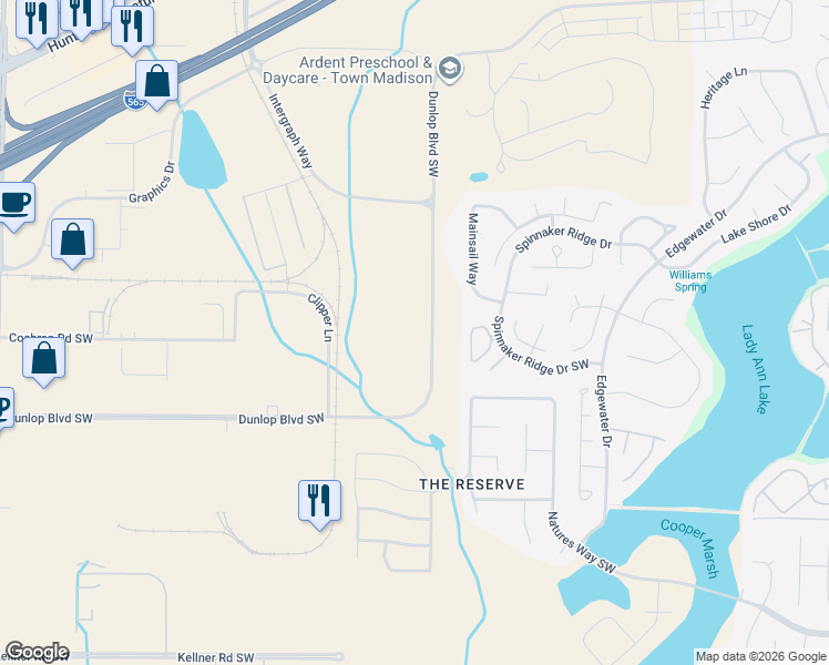 map of restaurants, bars, coffee shops, grocery stores, and more near 27 Dunlop Boulevard Southwest in Huntsville