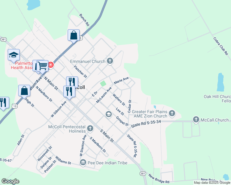 map of restaurants, bars, coffee shops, grocery stores, and more near 323 East McLaurin Avenue in McColl