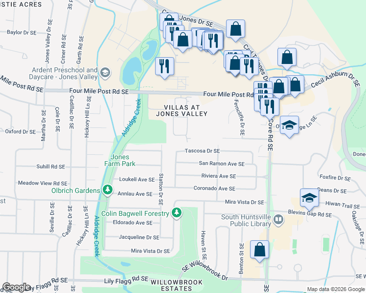 map of restaurants, bars, coffee shops, grocery stores, and more near 923 Tascosa Dr SE in Huntsville