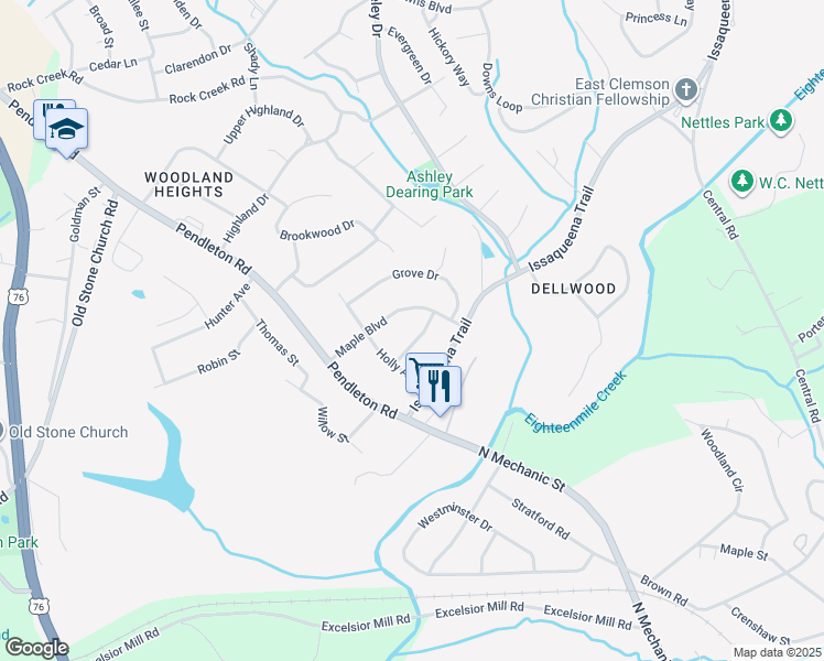 map of restaurants, bars, coffee shops, grocery stores, and more near 210 Mulberry Avenue in Clemson