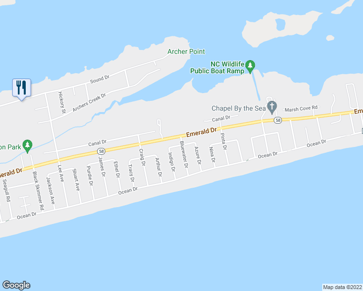 map of restaurants, bars, coffee shops, grocery stores, and more near 201 Bluewater Dr in Emerald Isle