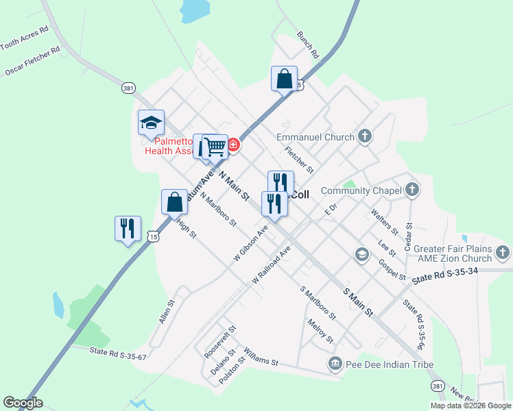 map of restaurants, bars, coffee shops, grocery stores, and more near 205 North Main Street in McColl