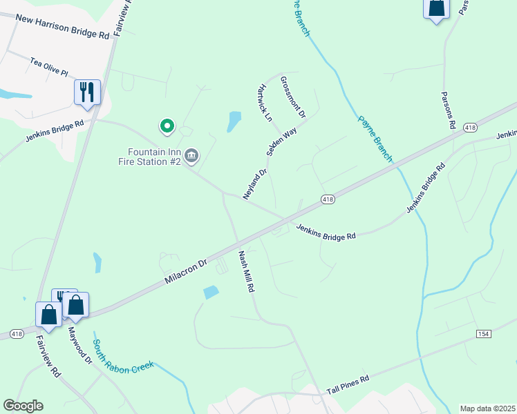 map of restaurants, bars, coffee shops, grocery stores, and more near 303 Jenkins Bridge Road in Fountain Inn