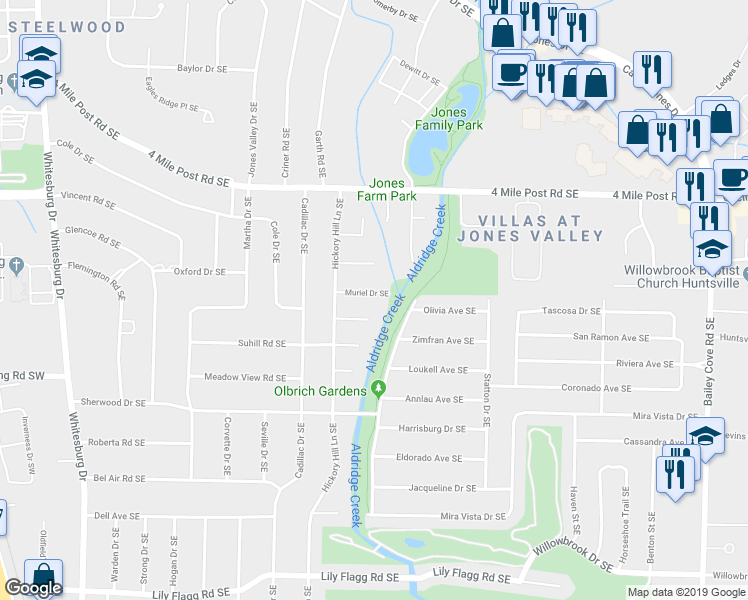 map of restaurants, bars, coffee shops, grocery stores, and more near 806 Muriel Drive Southeast in Huntsville