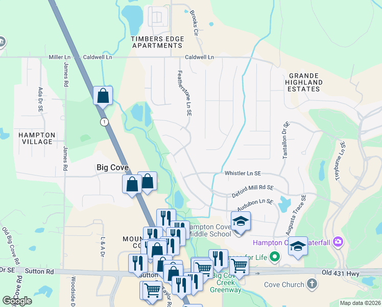 map of restaurants, bars, coffee shops, grocery stores, and more near 2704 Deford Mill Road Southeast in Owens Cross Roads