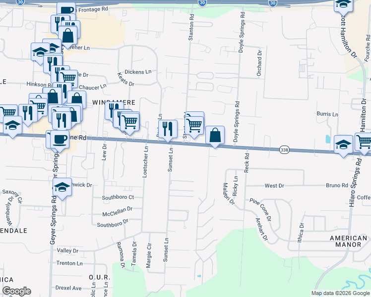 map of restaurants, bars, coffee shops, grocery stores, and more near 4821 Baseline Road in Little Rock