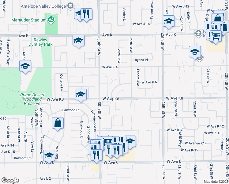 map of restaurants, bars, coffee shops, grocery stores, and more near 2840 College Park Drive in Lancaster