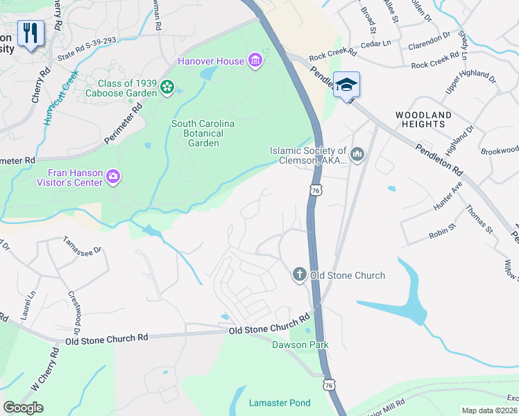 map of restaurants, bars, coffee shops, grocery stores, and more near 150 Ligon Street in Clemson