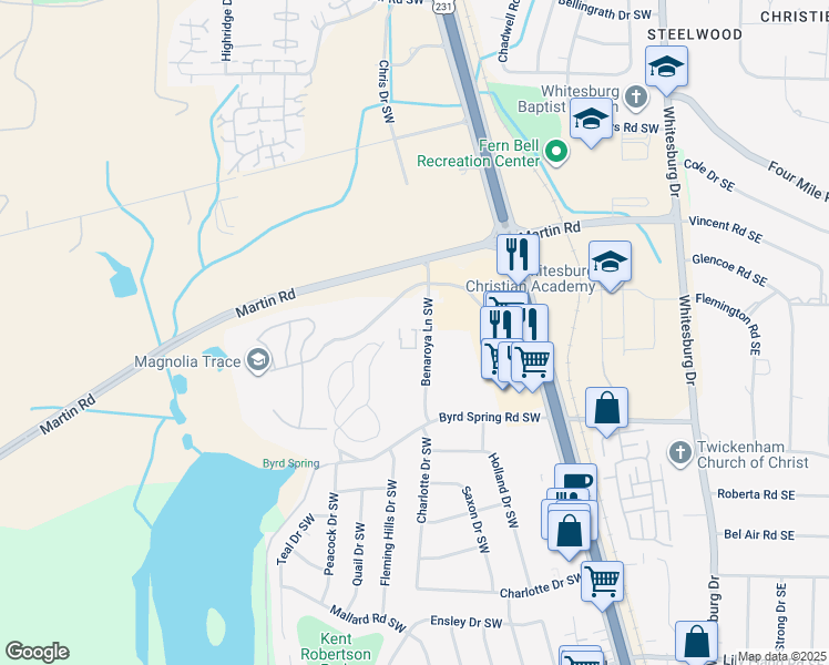 map of restaurants, bars, coffee shops, grocery stores, and more near 8003 Benaroya Lane Southwest in Huntsville