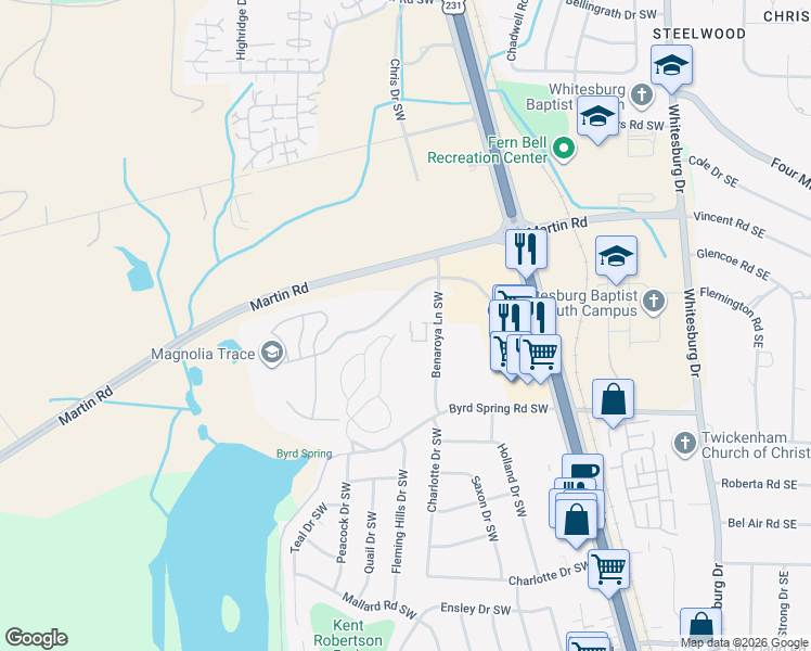 map of restaurants, bars, coffee shops, grocery stores, and more near 2007 Reaches Place Southwest in Huntsville