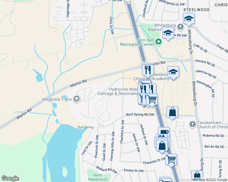 map of restaurants, bars, coffee shops, grocery stores, and more near 2007 Reaches Place Southwest in Huntsville