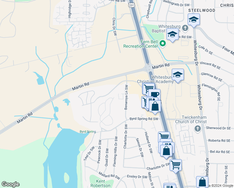 map of restaurants, bars, coffee shops, grocery stores, and more near 2006 Reaches Place Southwest in Huntsville
