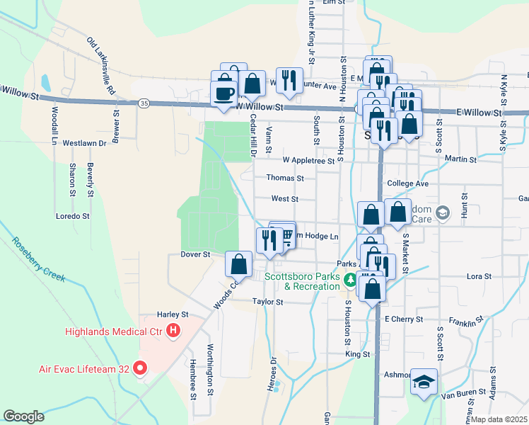 map of restaurants, bars, coffee shops, grocery stores, and more near 407 West Charlotte Avenue in Scottsboro