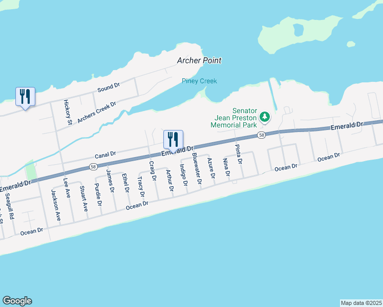 map of restaurants, bars, coffee shops, grocery stores, and more near 201 Bluewater Dr in Emerald Isle