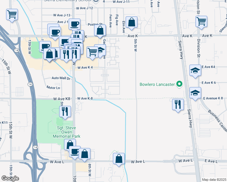 map of restaurants, bars, coffee shops, grocery stores, and more near 43230 Gadsden Avenue in Lancaster