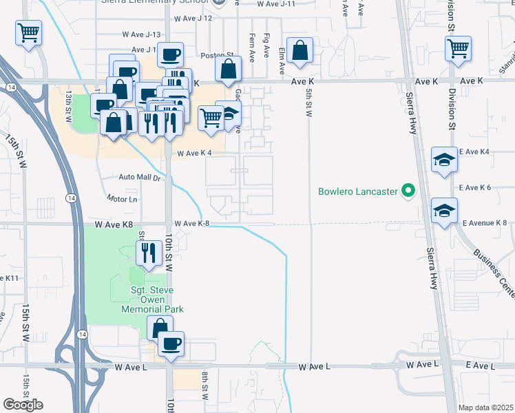 map of restaurants, bars, coffee shops, grocery stores, and more near 43230 Gadsden Avenue in Lancaster