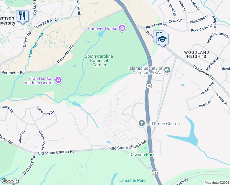 map of restaurants, bars, coffee shops, grocery stores, and more near 206 Ligon Street in Clemson
