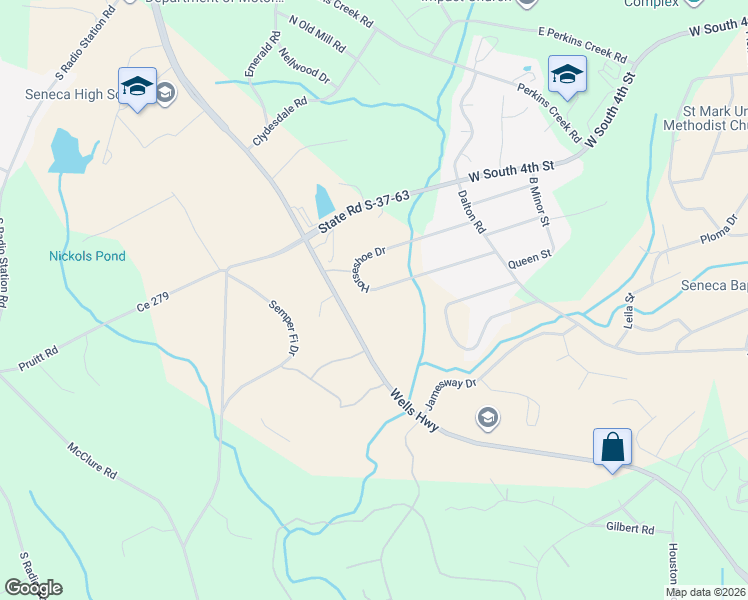 map of restaurants, bars, coffee shops, grocery stores, and more near 314 Horseshoe Dr in Seneca