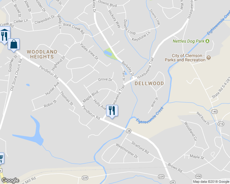 map of restaurants, bars, coffee shops, grocery stores, and more near 415 Grove Drive in Clemson